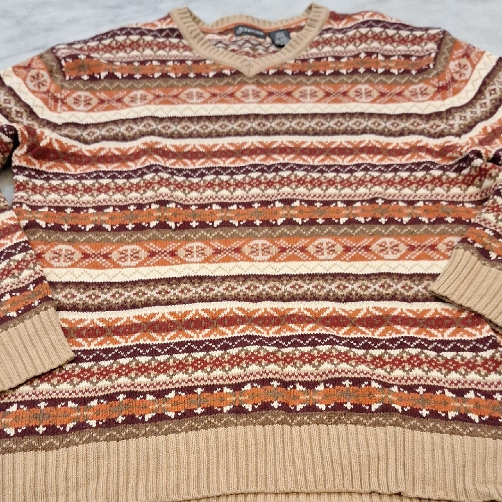Vtg 90s St Johns Bay Grandpacore Sweater Brown Sz L 70s Vibes Fair Isle Stripe